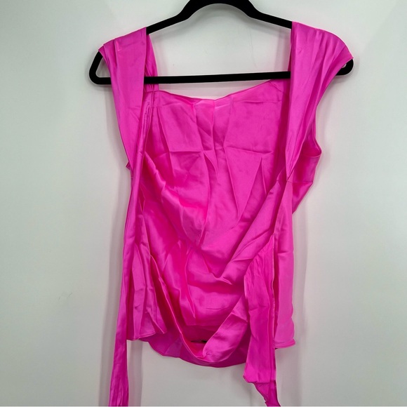 The Bar Asher Top 100% Silk Back Cut Out Tie Cowl Neckline Satin Neon Blouse M - Picture 10 of 11